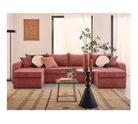 Valos - canapé panoramique en U - 7 places - convertible avec coffres - en velours côtelé - Rose