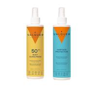 Valquer - Coffret protecteur solaire corps et cheveux en spray. Crème corps SPF 50 300 ml et soin capillaire protecteur 300 ml. Haute protection contre les UVA et UVB