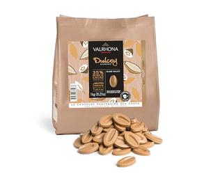Valrhona Ducey Lot de 5 disques de chocolat blonds de qualité supérieure pour pâtisserie française 35 % cacao, crémeux, caramel, fondant et trempant facilement, crémeux, équilibrés, pour des glaçages