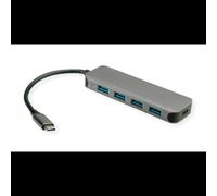 VALUE Hub USB 3.2 Gen 1 Type-C vers 4x Type-A + 1x Type-C, 5 Gbps, Aluminium Gris, 94x40x11mm, Alimentation USB, Ref: 14.99.5038