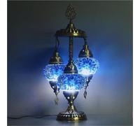 VALVELLO Lampe Mosaïque Turque à 3 Boules - Lampe de Table Orientale Fait Main - Luminaire Bohème en Verre et Laiton - Décoration Artisanale pour Salon et Chambre (Bleu)
