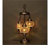 VALVELLO Lampe Mosaïque Turque à 3 Boules - Lampe de Table Orientale Fait Main - Luminaire Bohème en Verre et Laiton - Décoration Artisanale pour Salon et Chambre (Marron)
