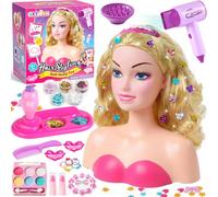 vamei 27PCS Tête À Coiffer Enfant avec Machine Strass Cheveux | Tête de Poupée Maquillage et Coiffure, avec Sèche-Cheveux, Maquillage Lavable, Kit Salon Jouet Fille 3 4 5 6 7 8 Ans
