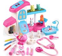 vamei Accessoires Maison de Poupée avec Figurines Animaux pour Peinture, Jouet Vétérinaire et Maison Chat Chien Lapin, Jeu de Rôle Enfant Cadeau pour Fille 3 4 5 6 7 8 Ans