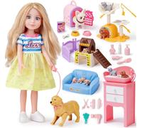 vamei Coffret de Poupee avec Poupée Blonde de 36 cm & Chiens et Chat de Compagnie & Complet Poupee Accessoires, Jeu de Rôle Jouet Cadeau d'anniversaire Noël pour Enfants Filles de 3 4 5 6 Ans