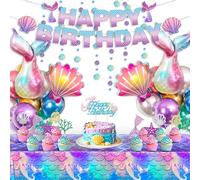 vamei Décoration Anniversaire Sirène Ballons Queue Sirène et Coquillage avec Banderole Happy Birthday Nappe Guirlande Décoration Gâteau pour Enfant Fille