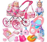 vamei Kit Accessoire Bebe pour Poupon, Accessoires Poupon avec Poupee & Poussette de Poupee & Chaise Haute & Sac & Vêtements, Jouet Jeu de Rôle Anniversaire Cadeau Fille Enfant 2 3 4 5 6 Ans
