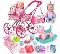 vamei Kit Accessoire Bebe pour Poupon, Accessoires Poupon avec Poupee & Poussette de Poupee & Cheval à Bascule & Sac & Vêtements, Jouet Jeu de Rôle Anniversaire Cadeau Fille Enfant 2 3 4 5 6 Ans