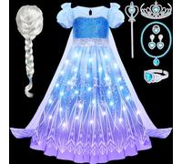 vamei Lumineux Déguisement Princesse Fille LED Robe Reine des Neiges Princesse Robe avec Perruque Baguette Couronne Princesse Fête Anniversaire Déguisement Filles 2 3 4 5 6 7 8 9 Ans