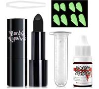Vampire Accessoire Set 2025, Kitde Maquillage Vampire, 4 Tailles Vampire Teeth Phosphorescents, Rouge à Lèvres Halloween et Un Halloween Fake Blood, Halloween DIY et Les Jeux de Rôle de Vampire