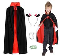 Vampire Cape Déguisement Vampire Costume Enfants, Cape de Vampire avec Col,Réversible Rouge Noir Cape de Vampire, avec dents diable bandeau écharpe tatouage pour Enfant Halloween Carnaval Cosplay