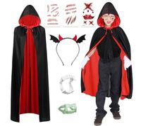 Vampire Cape Déguisement Vampire Costume Enfants, Cape de Vampire avec Col,Réversible Rouge Noir Cape de Vampire, avec dents diable bandeau écharpe tatouage pour Enfant Halloween Carnaval Cosplay