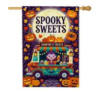 Vampire Food Truck Halloween Citation Maison Drapeau 71 x 101,6 cm | Motif camion de nourriture, drapeau de cour, fond de pleine lune, feuilles d'automne, accents de citrouilles