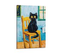 Ván Gógh Impression d'art sur le thème du chat noir de dessin animé sur une chaise - Décoration murale éclectique félin - Décoration murale à suspendre pour la maison et les espaces de vie - 40 x 60