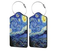Van Gogh Lot de 2 étiquettes à bagages en cuir avec boucle en acier inoxydable pour femme/homme Motif nuit étoilée