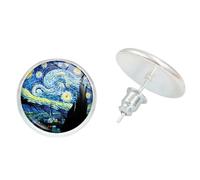 Van Gogh Peinture à l'Huile Nuit Étoilée - Boucles d'Oreilles Rondes - Collection d'Artistes Célèbres - Bijoux de Fantaisie et Cadeaux d'Artisanat