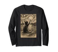 Van Gogh Starry Night Cat Moonlit Scene Cat Lovers Vintage Manche Longue