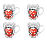 Van Well Lot de 4 tasses à café en forme de cœur, 350 ml, motif cœur et éléments baroques, idée cadeau, noir/gris/rouge