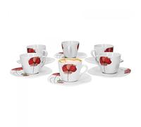 Van Well Monika Lot de 6 tasses à café + soucoupes, décoration florale, porcelaine de marque élégante, coquelicot