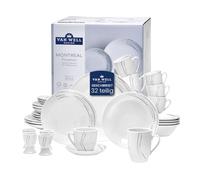 van Well Montreal Service de table pour 4 personnes - Service combiné classique en porcelaine blanche 32 pièces - Service de table de forme ronde, blanc avec fines lignes grises et noires pour une