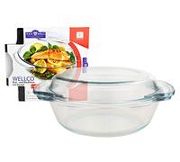 Van Well Plat à rôtir en verre de qualité supérieure - 2,4 l - Avec couvercle - Plat rond de 23 cm de diamètre - Verre résistant à la chaleur - Pour four et micro-ondes