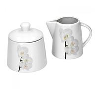 Van Well Vanda Lot de 2 sucriers en porcelaine avec couvercle Motif orchidée blanche Ø 95 mm + pot à lait de 220 ml Motif floral