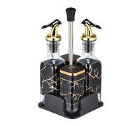 VaNaene Set de distributeur en verre pour bouteille d'assaisonnement, capacité 200ml, avec support pivotant en acier inoxydable à 360°, set de distributeur d'huile et de vinaigre (Black_Gold_T221, 4)