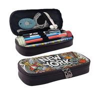 VANANI Cartoon Cute New York American Theme Art Waterproof Leather Pencil Case Multifonctionnel Pencil Case for Teenagers, with Zipper Suitable for School and Office, Noir , Taille unique, Trousse de