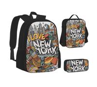 VANANI Ensemble sac à dos 3 en 1 avec sac à déjeuner et trousse à crayons de grande capacité Motif New York American Art