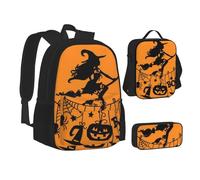 VANANI Ensemble sac à dos volante sorcière d'Halloween avec sac à déjeuner et trousse à crayons en 3 en 1, cartable grande capacité