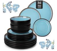 vancasso AMBER Service de Table 12 Personnes, Set Vaisselle 36 Pièces en Grès - Assiettes Plates, Assiettes à Dessert et Bols - Adapté au Micro-Ondes, Glaçure Bleu