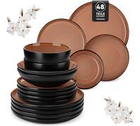 vancasso AMBER Service de Table 12 Personnes, Set Vaisselle 48 Pièces en Grès - Assiettes Plates, Assiettes à Dessert, Bols à Pâtes et Bols - Adapté au Micro-Ondes, Glaçure Rouge