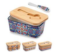 vancasso Beurrier en Porcelaine Bohème - 16,5cm Boîte à Beurre avec Couvercle en Bois et Couteau à Beurre Inclus - Compatible Lave-Vaisselle - Pour Tous Beurres Standard, Floraison Crépusculaire