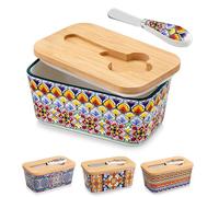 vancasso Beurrier en Porcelaine Bohème - 16,5cm Boîte à Beurre avec Couvercle en Bois et Couteau à Beurre Inclus - Compatible Lave-Vaisselle - Pour Tous Beurres Standard, Floraison Dorée