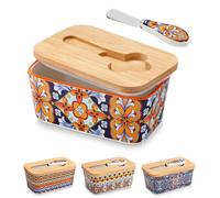 vancasso Beurrier en Porcelaine Bohème - 16,5cm Boîte à Beurre avec Couvercle en Bois et Couteau à Beurre Inclus - Compatible Lave-Vaisselle - Pour Tous Beurres Standard, Élégance Ambrée