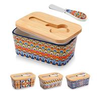 vancasso Beurrier en Porcelaine Bohème - 16,5cm Boîte à Beurre avec Couvercle en Bois et Couteau à Beurre Inclus - Compatible Lave-Vaisselle - Pour Tous Beurres Standard, Floraison Royale