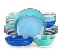 vancasso BONITA Assiettes Service de Table 24 Pièces pour 6 Personnes en Grès - 6 Assiettes Plates, 6 Dessert, 6 Creuses et 6 Bols, Style Bleu, Compatible Lave-Vaisselle et Micro-Ondes