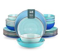 vancasso BONITA Service de Table 12 Personnes, Vaisselle en Grès 48 Pièces - 12 Assiettes Plates, 12 Assiettes à Salade, 12 Assiettes Creuses et 12 Bols, Bleu, Compatible Micro-Ondes