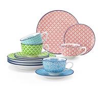 vancasso Lot de 12 tasses pour 4 personnes à macarons et soucoupes en porcelaine multicolore pour le petit-déjeuner, le thé de l'après-midi, service à avec assiette/tasse/soucoupe