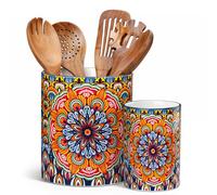 vancasso Lot de 2 Porte-Ustensiles de Cuisine, 18,6 cm + 14 cm, Support Ustensiles en Céramique Style Bohème, Pot Ustensiles Cuisine pour Cuillères, Spatules et Pinceaux, Fleur Royale