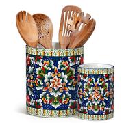 vancasso Lot de 2 Porte-Ustensiles de Cuisine, 18,6 cm + 14 cm, Support Ustensiles en Céramique Style Bohème, Pot Ustensiles Cuisine pour Cuillères, Spatules et Pinceaux, Joyau Verdoyant
