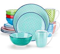 vancasso Macaron Service de table en porcelaine, 16 pièces Set de vaisselle, avec 4 assiettes à manger, 4 assiettes à dessert, 4 bols à céréales et 4 tasses à café pour 4 personnes