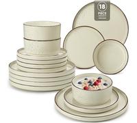 vancasso NAVIA Assiettes Service de Table 18 Pièces pour 6 Personnes, Service Complet en Grès - 6 Assiettes Plates, 6 Dessert et 6 Bols - Adapté au Micro-Ondes - Beige