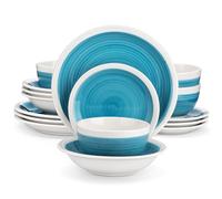 vancasso Ori Service de table 16 pièces en grès peint à la main pour 4 personnes avec assiettes, assiettes à dessert, bols à pâtes, bols à céréales, style rustique chic Bleu