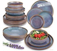 vancasso PLAYA Assiettes Service de Table 6 Personnes, Service vaisselle Complet 24 Pièces en Grès - 6 Assiette Plate, à Dessert, Creuses et Bols - Adapté au Micro-Ondes et Lave-Vaisselle - Gris Bleu