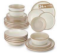 vancasso RENO Assittes Service de Table 24 Pièces,Service vaisselle 6 Personnes - 6 Assiettes Plates, 6 Dessert, 6 Creuses, 6 Bols -Adapté au Micro-Ondes- Émail Beige Mat