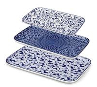 vancasso SELENE Lot de 3 Assiettes Plates Rectangulaires en Porcelaine - 40,7/36/30,8 cm - Style A Chinois Oriental Bleu et Blanc - Assiette pour Desserts, Sushis et Salade - Adapté au Micro-Ondes