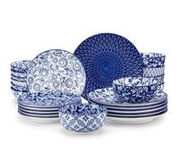 vancasso SELENE Service de Table 24 Pièces pour 6 Personne, Set Vaisselle en Porcelaine Bleu et Blanc - 6 Assiette Plates, 6 Assiette Dessert, 6 Assiettes Creuses et 6 Bols - Adapté au Micro-Ondes
