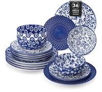 vancasso SELENE Service de Table 36 Pièces pour 12 Personne, Set Vaisselle en Porcelaine Bleu et Blanc - 12 Assiette Plates, 12 Assiette à Dessert et 12 Bols - Style Chinois, Adapté au Micro-Ondes