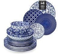 vancasso SELENE Service de Table 48 Pièces pour 12 Personne, Set Vaisselle en Porcelaine Bleu et Blanc - 12 Assiette Plates,12 Assiette Dessert,12 Assiettes Creuses et 12 Bols - Adapté au Micro-Ondes